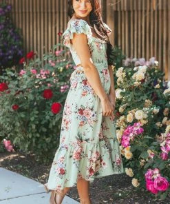 Umgee Seafoam Floral Printed Ruffle Sleeve Midi Dress Dresses