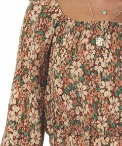Hayden Sepia Floral Print Long Sleeve Pleated Blouse