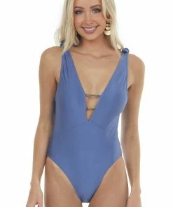 Envya Accessories Shimmery Dusty Blue One Piece Swimsuit With Plunge Neckline
