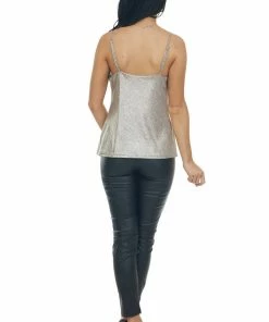 Skies Are Blue Silver Metallic Foil Cowl Neck Tank Top 26 Skies Are Blue Silver Metallic Foil Cowl Neck Tank Top