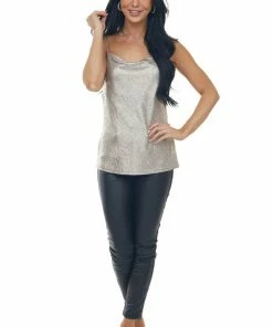 Skies Are Blue Silver Metallic Foil Cowl Neck Tank Top