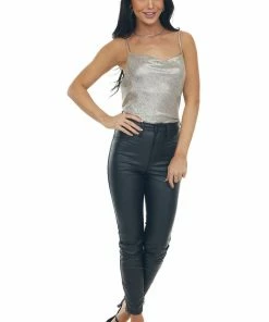 Skies Are Blue Silver Metallic Foil Cowl Neck Tank Top 24 Skies Are Blue Silver Metallic Foil Cowl Neck Tank Top