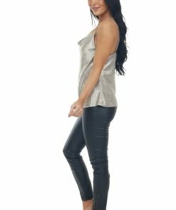 Skies Are Blue Silver Metallic Foil Cowl Neck Tank Top 25 Skies Are Blue Silver Metallic Foil Cowl Neck Tank Top