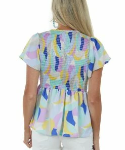 Hailey & Co Sky Blue Abstract Print Short Sleeve Smocked Top
