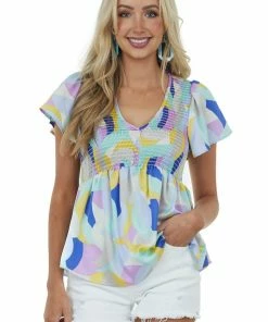 Hailey & Co Sky Blue Abstract Print Short Sleeve Smocked Top