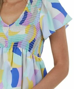 Hailey & Co Sky Blue Abstract Print Short Sleeve Smocked Top