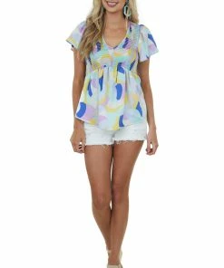 Hailey & Co Sky Blue Abstract Print Short Sleeve Smocked Top