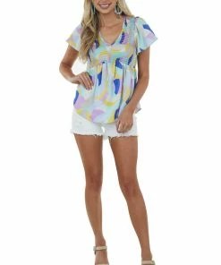 Hailey & Co Sky Blue Abstract Print Short Sleeve Smocked Top