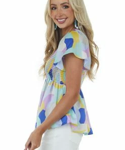Hailey & Co Sky Blue Abstract Print Short Sleeve Smocked Top