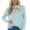 143 Story Sky Blue Chest Cut Out Stretchy Knit Top With Long Sleeves