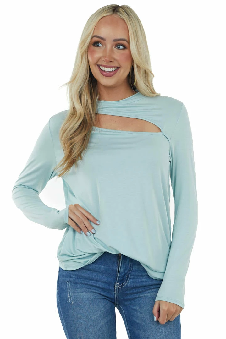143 Story Sky Blue Chest Cut Out Stretchy Knit Top With Long Sleeves 3 143 Story Sky Blue Chest Cut Out Stretchy Knit Top With Long Sleeves