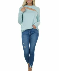 143 Story Sky Blue Chest Cut Out Stretchy Knit Top With Long Sleeves 11 143 Story Sky Blue Chest Cut Out Stretchy Knit Top With Long Sleeves