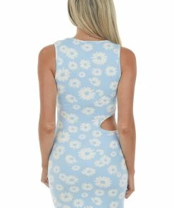 LE LIS Sky Blue Daisy Print Mini Dress With Side Cut Out Dresses