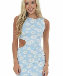 LE LIS Sky Blue Daisy Print Mini Dress With Side Cut Out Dresses