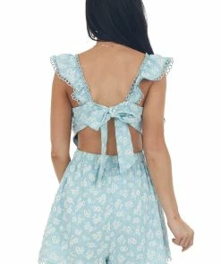 Sweet Lemon Dresses Sky Blue Floral Open Back Lace Trim Romper