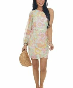 Peach Love Sky Blue Floral Print One Shoulder Mini Dress