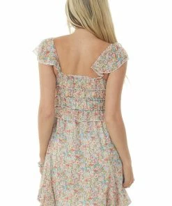 Umgee Sky Blue Floral Print Short Ruffle Sleeve Dress