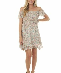 Umgee Sky Blue Floral Print Short Ruffle Sleeve Dress