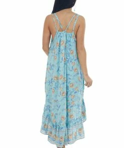 Davi & Dani Sky Blue Floral Print Sleeveless High Low Dress Dresses