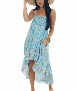 Davi & Dani Sky Blue Floral Print Sleeveless High Low Dress Dresses