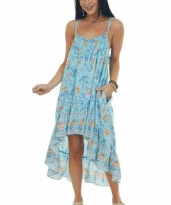 Davi & Dani Sky Blue Floral Print Sleeveless High Low Dress Dresses