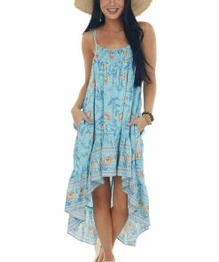 Davi & Dani Sky Blue Floral Print Sleeveless High Low Dress Dresses