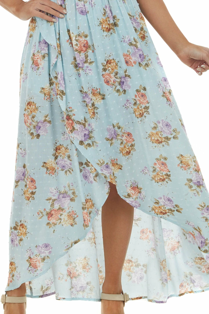 Sweet Lemon Sky Blue Floral Swiss Dot Smocked Wrap Maxi Dress 8 Sweet Lemon Sky Blue Floral Swiss Dot Smocked Wrap Maxi Dress