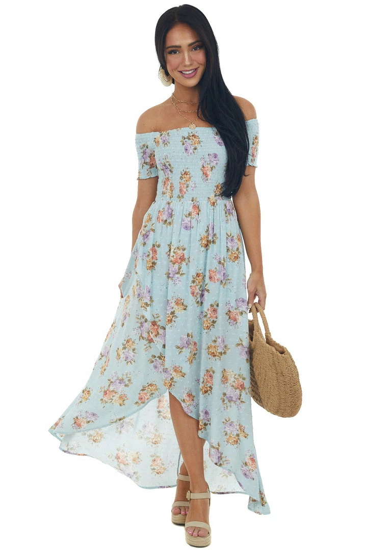 Sweet Lemon Sky Blue Floral Swiss Dot Smocked Wrap Maxi Dress 4 Sweet Lemon Sky Blue Floral Swiss Dot Smocked Wrap Maxi Dress