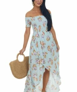 Sweet Lemon Sky Blue Floral Swiss Dot Smocked Wrap Maxi Dress
