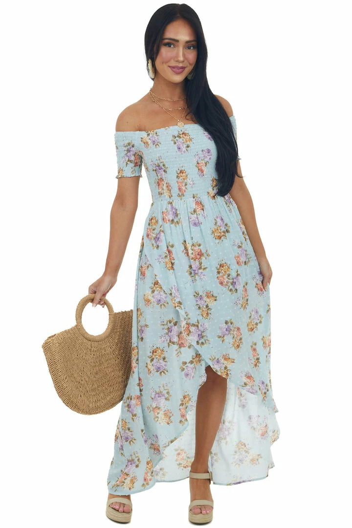 Sweet Lemon Sky Blue Floral Swiss Dot Smocked Wrap Maxi Dress 3 Sweet Lemon Sky Blue Floral Swiss Dot Smocked Wrap Maxi Dress