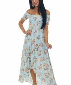 Sweet Lemon Sky Blue Floral Swiss Dot Smocked Wrap Maxi Dress 10 Sweet Lemon Sky Blue Floral Swiss Dot Smocked Wrap Maxi Dress