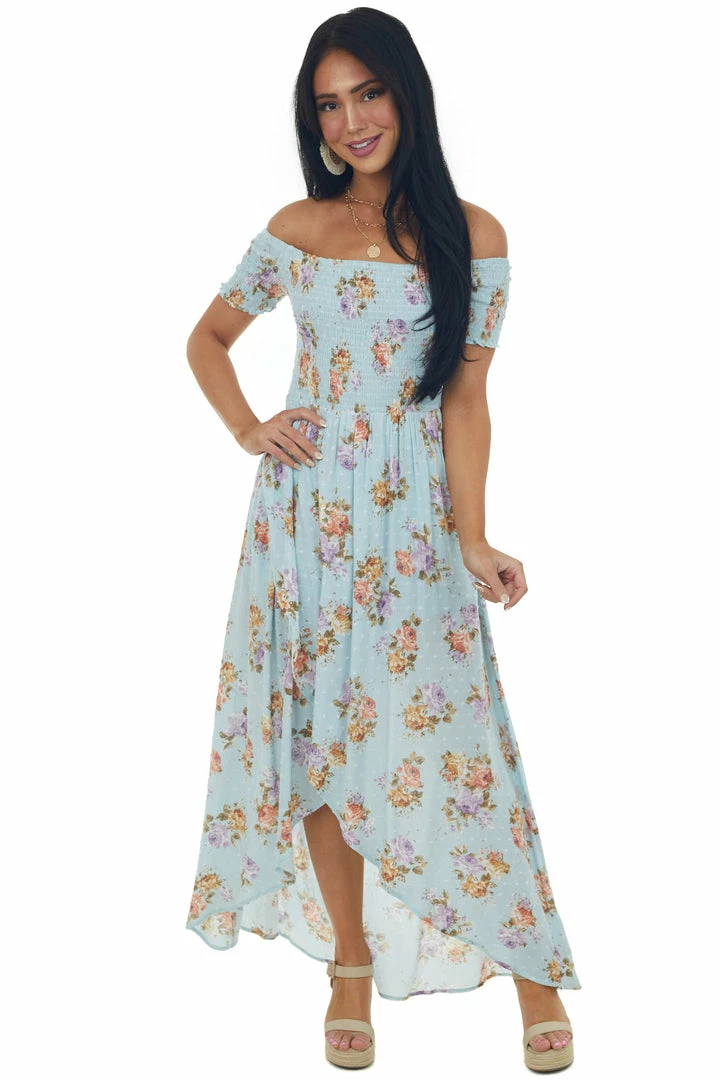 Sweet Lemon Sky Blue Floral Swiss Dot Smocked Wrap Maxi Dress 5 Sweet Lemon Sky Blue Floral Swiss Dot Smocked Wrap Maxi Dress