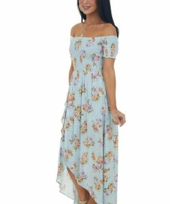 Sweet Lemon Sky Blue Floral Swiss Dot Smocked Wrap Maxi Dress 11 Sweet Lemon Sky Blue Floral Swiss Dot Smocked Wrap Maxi Dress