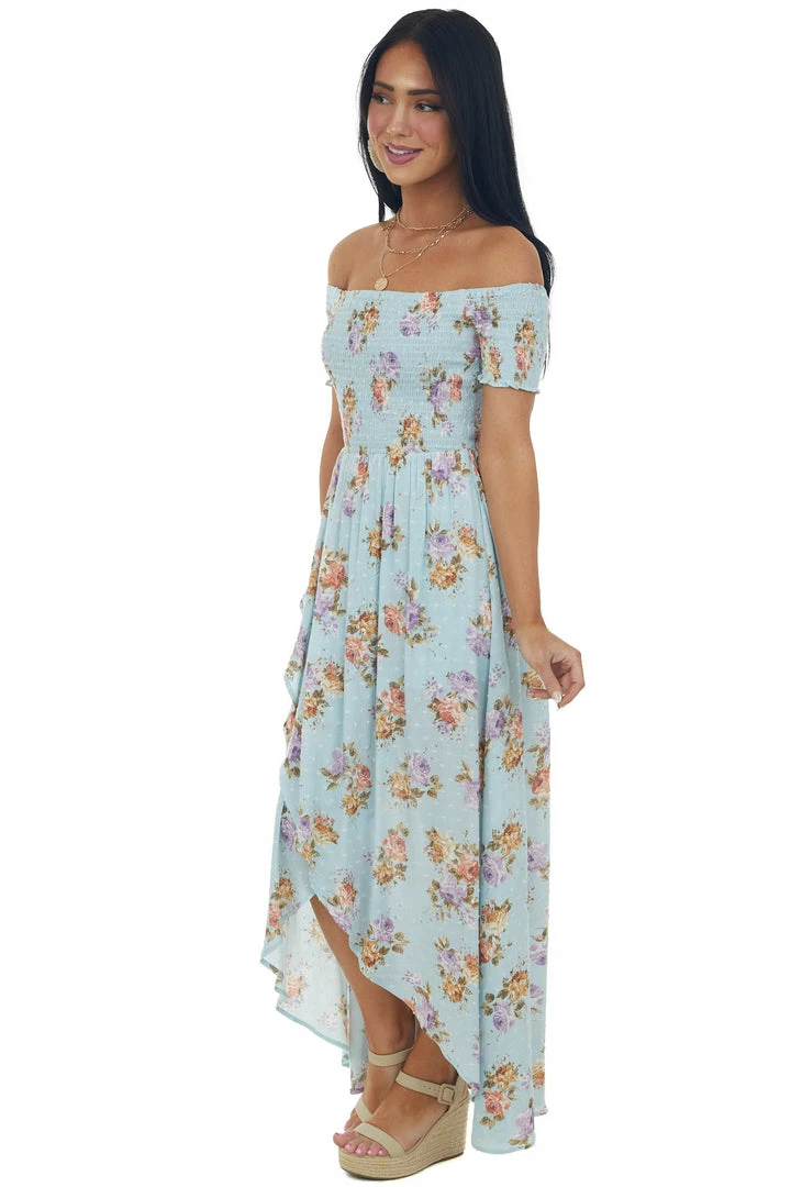 Sweet Lemon Sky Blue Floral Swiss Dot Smocked Wrap Maxi Dress 6 Sweet Lemon Sky Blue Floral Swiss Dot Smocked Wrap Maxi Dress