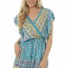 Umgee Sky Blue Paisley Print Surplice Short Dress