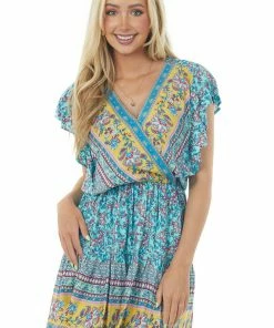 Umgee Sky Blue Paisley Print Surplice Short Dress