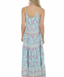 Ces Femme Sky Blue Printed Sleeveless Tiered Maxi Dress Dresses