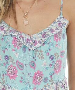 Ces Femme Sky Blue Printed Sleeveless Tiered Maxi Dress Dresses