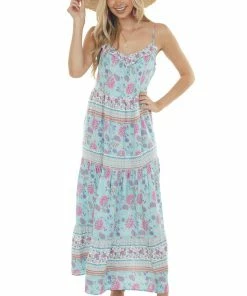 Ces Femme Sky Blue Printed Sleeveless Tiered Maxi Dress Dresses