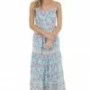 Ces Femme Sky Blue Printed Sleeveless Tiered Maxi Dress Dresses