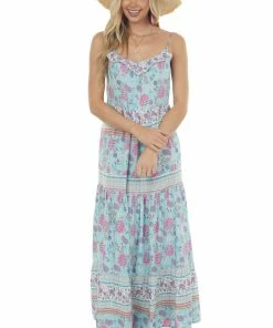 Ces Femme Sky Blue Printed Sleeveless Tiered Maxi Dress Dresses