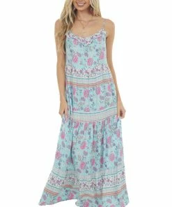 Ces Femme Sky Blue Printed Sleeveless Tiered Maxi Dress Dresses