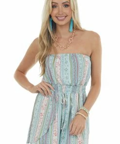 Peach Love Sky Blue Printed Strapless Cinch Waist Romper