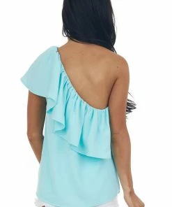 Glam Tops Sky Blue Ruffle Overlay One Shoulder Woven Top