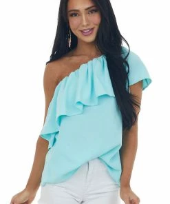 Glam Tops Sky Blue Ruffle Overlay One Shoulder Woven Top