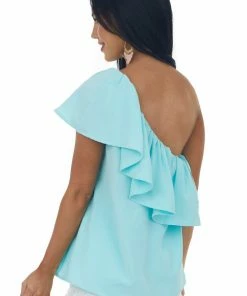 Glam Tops Sky Blue Ruffle Overlay One Shoulder Woven Top