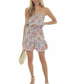 Umgee Sky Blue And Fire Floral Strapless Ruffle Dress Dresses