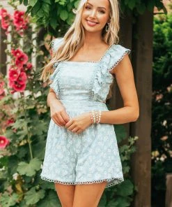 Sweet Lemon Dresses Sky Blue Floral Open Back Lace Trim Romper