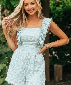 Sweet Lemon Dresses Sky Blue Floral Open Back Lace Trim Romper
