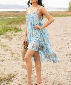 Davi & Dani Sky Blue Floral Print Sleeveless High Low Dress Dresses